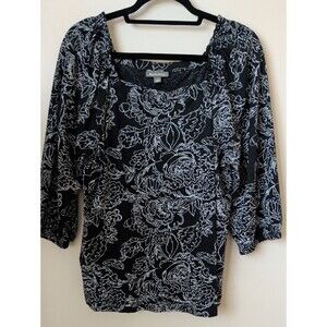 Style & Co. Black Floral Square-Neck Peasant Top - Cotton/Modal Knit - Size L
